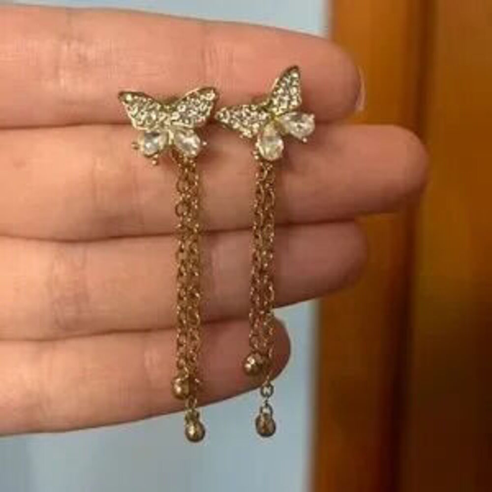 Luxe Gold Tone Rhinestone Tassel Chain Earrings